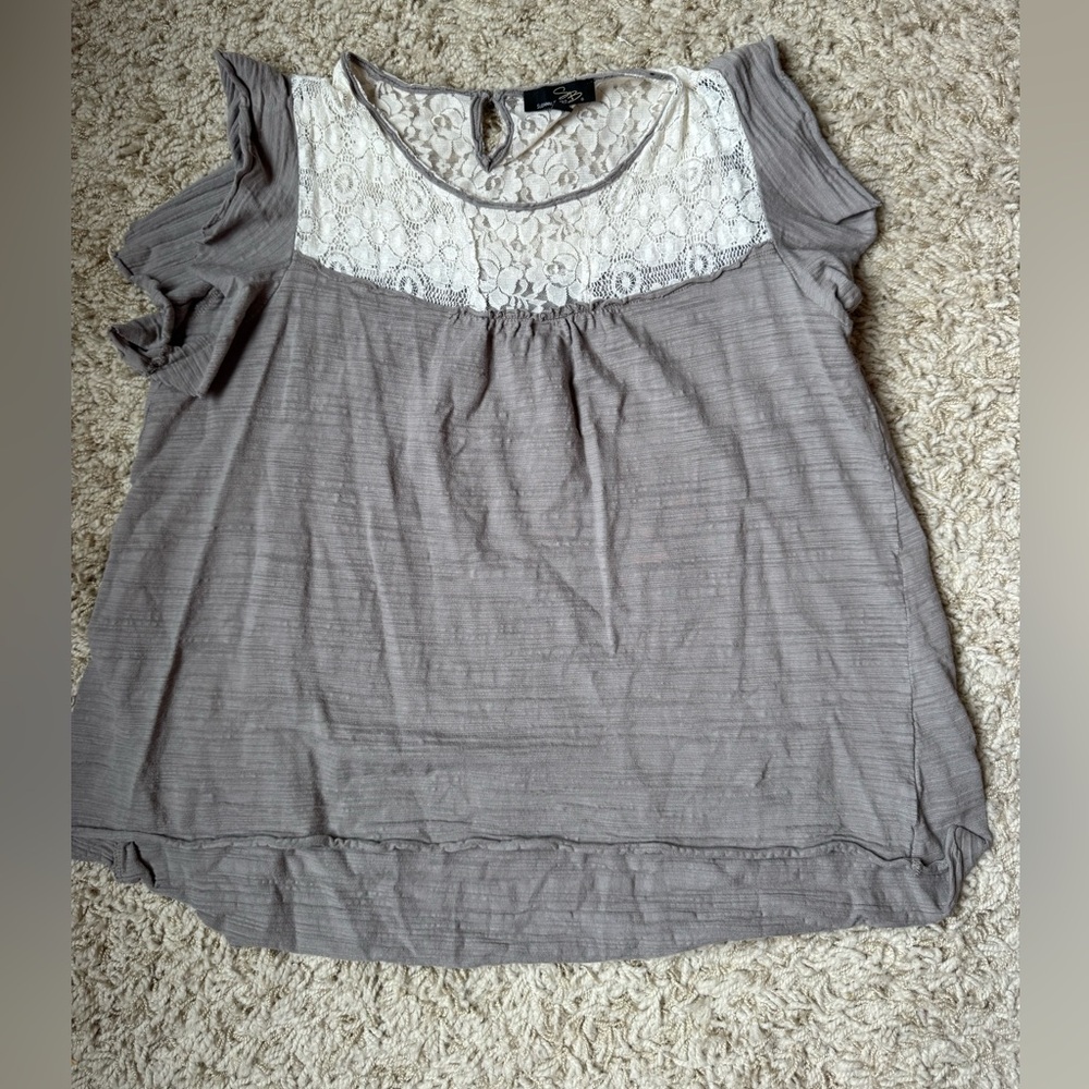 Suzanne Betro Gray Blouse with Lace Detail